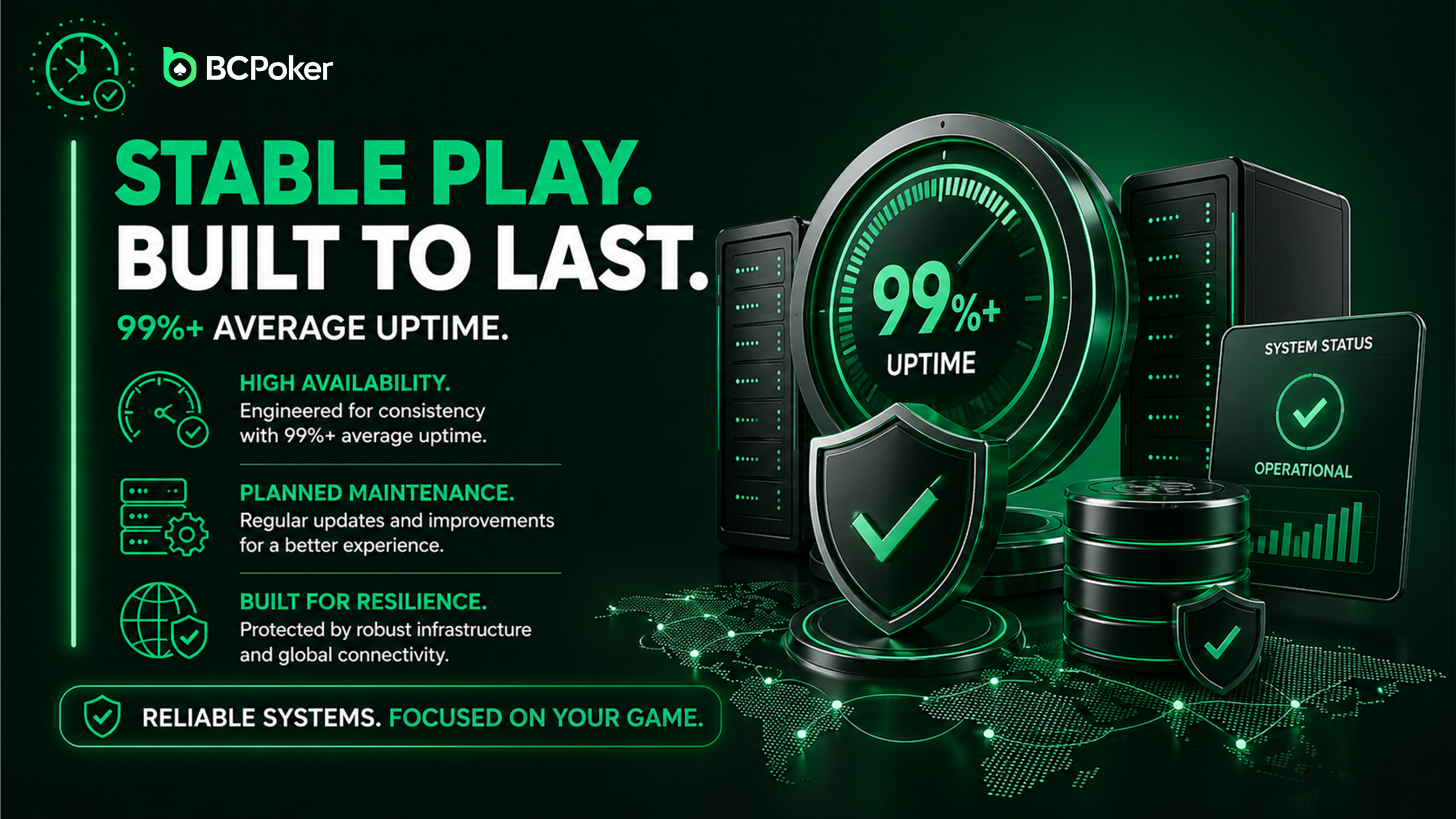 BCPoker image showing stable play system servers 99 percent uptime shield protection and operational status reliability concept